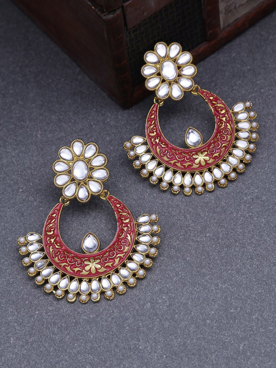 

LIVE EVIL Gold-Plated & Red Crescent Shaped Studded Chandbalis