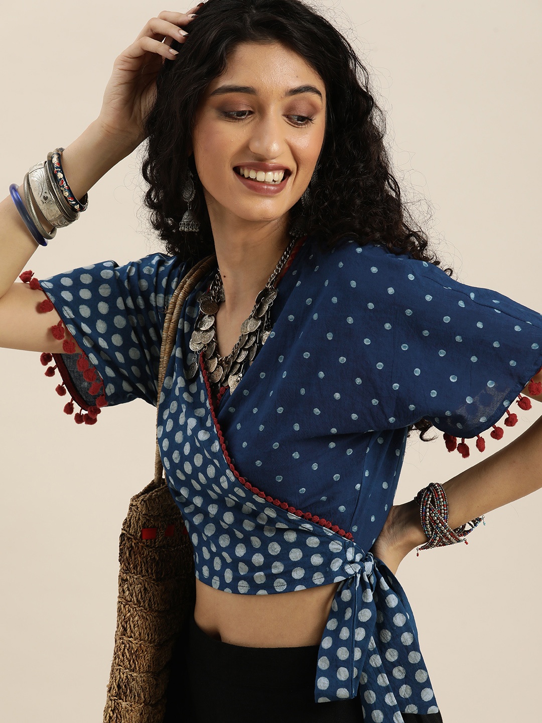 

Taavi Women Indigo Polka Dot Print Blouson Crop Top, Blue