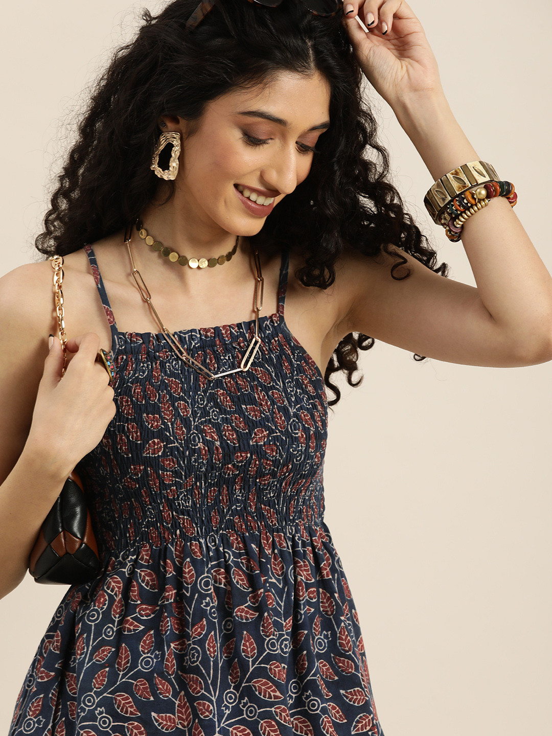 

Taavi Women Grey & Brown Handblock Printed Cinched Waist Top