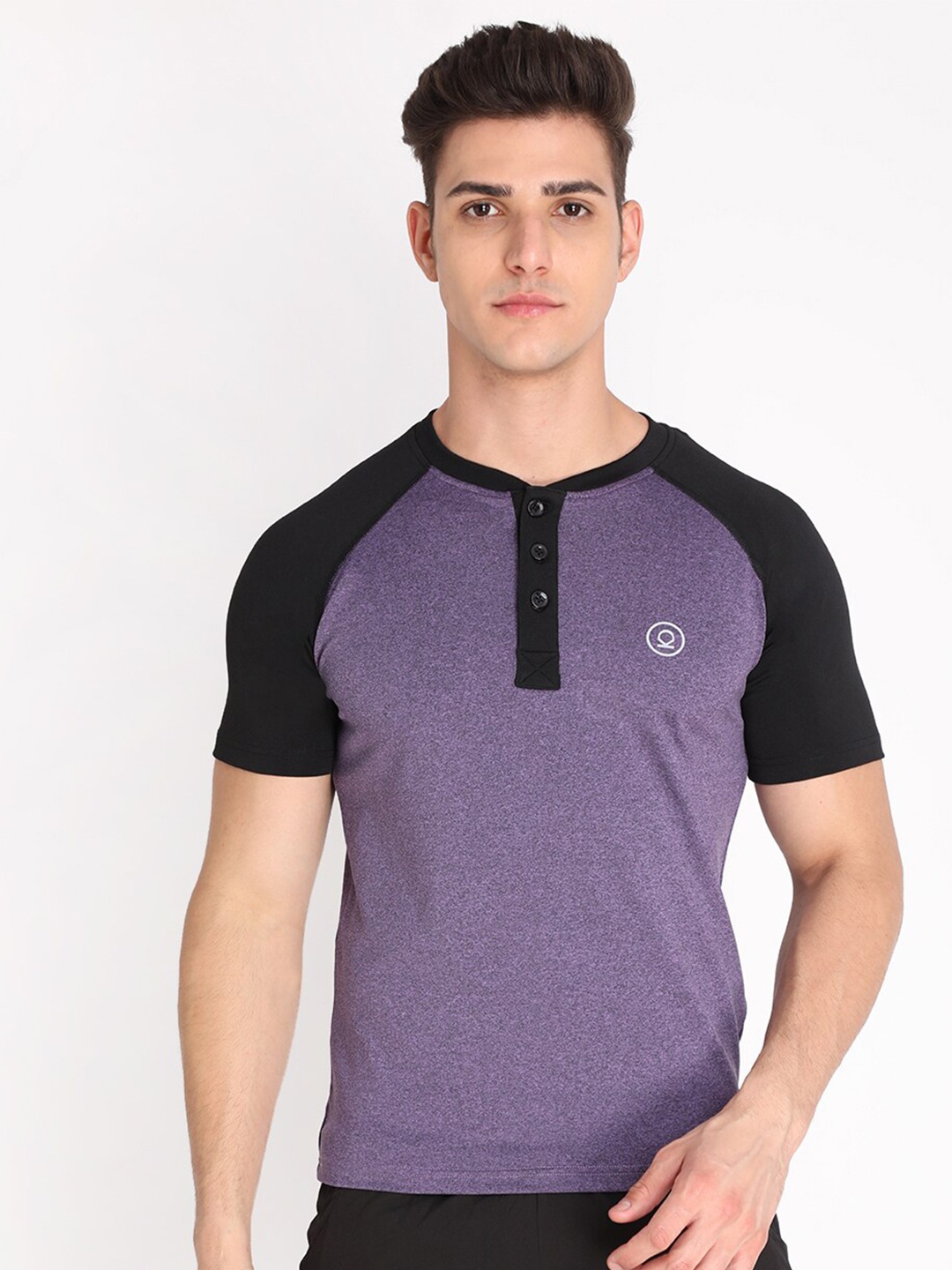 

CHKOKKO Men Purple & Black Henley Neck Training or Gym T-shirt