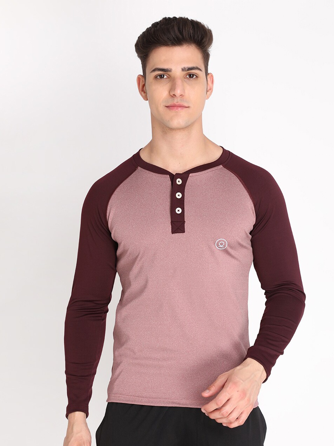 

Chkokko Men Burgundy Henley Neck Training or Gym T-shirt