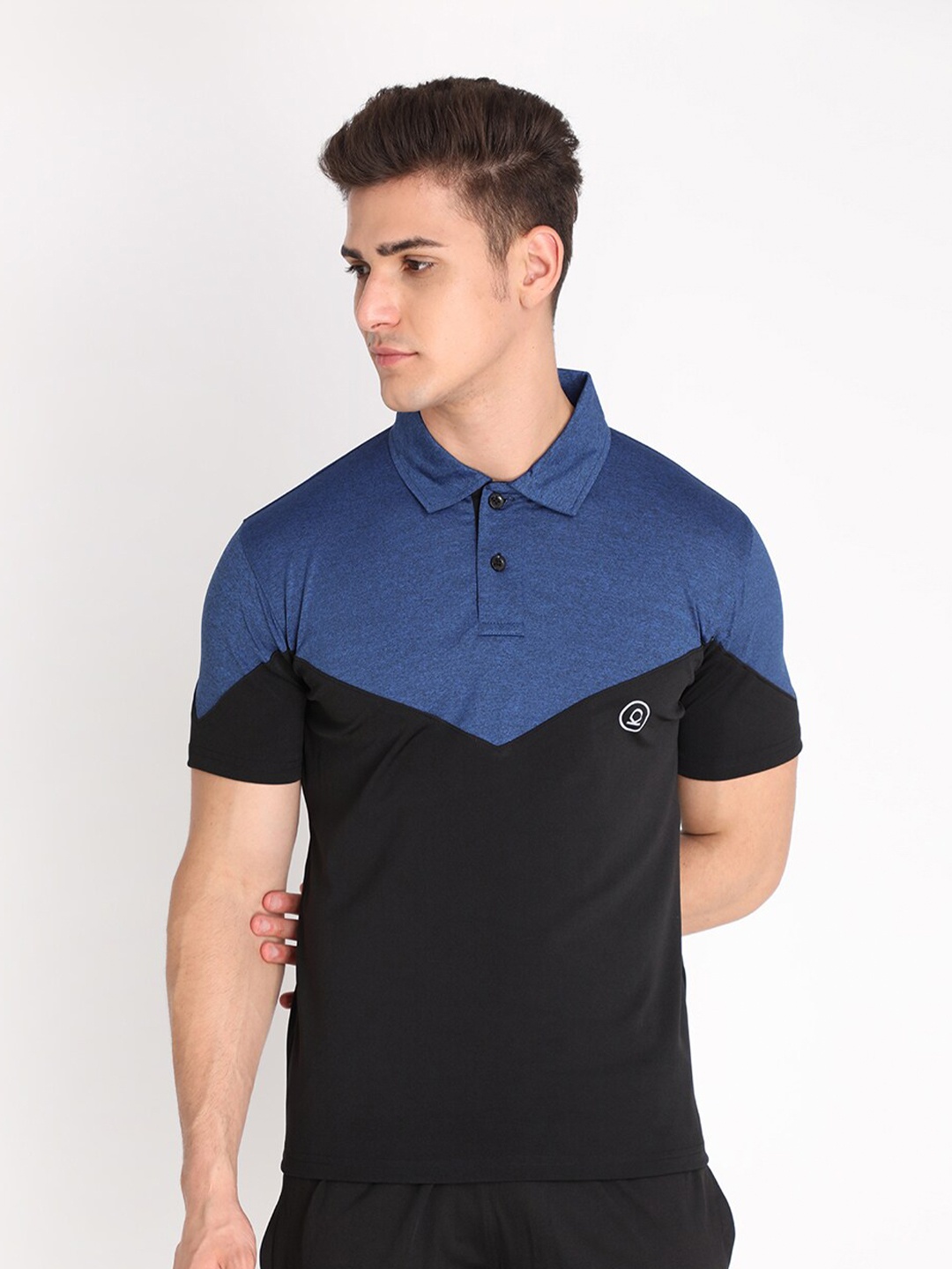 

Chkokko Men Black & Blue Colourblocked Polo Collar Training or Gym T-shirt