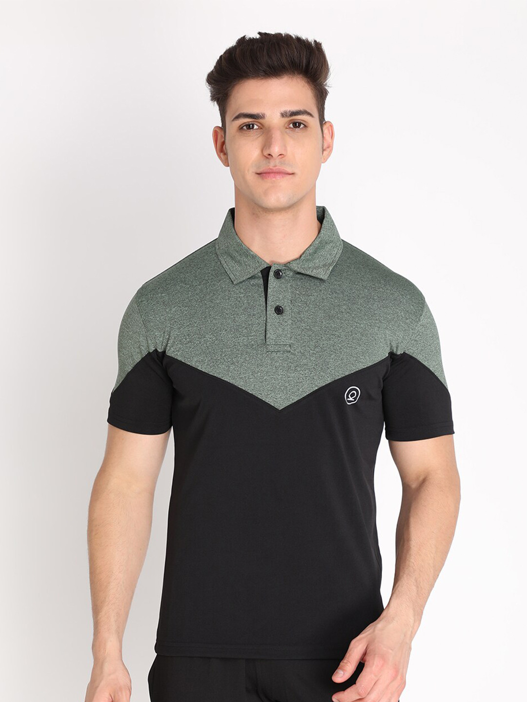 

Chkokko Men Green & Black Colourblocked Polo Collar T-shirt