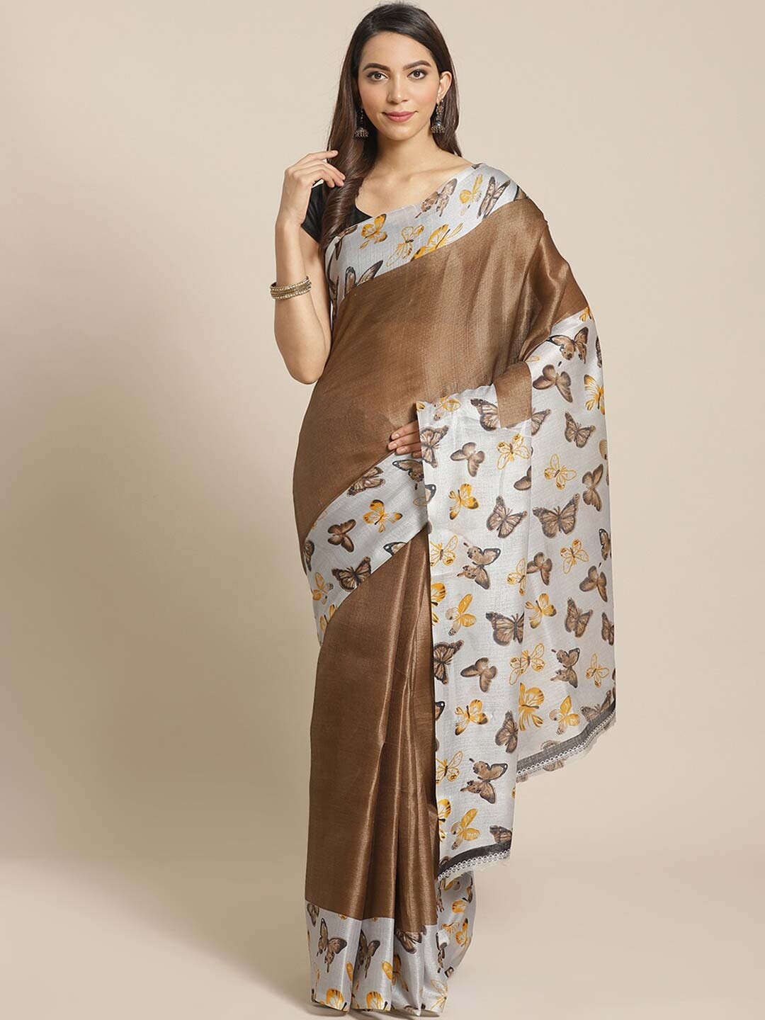 

KALINI Brown & White Mysore Silk Printed Saree