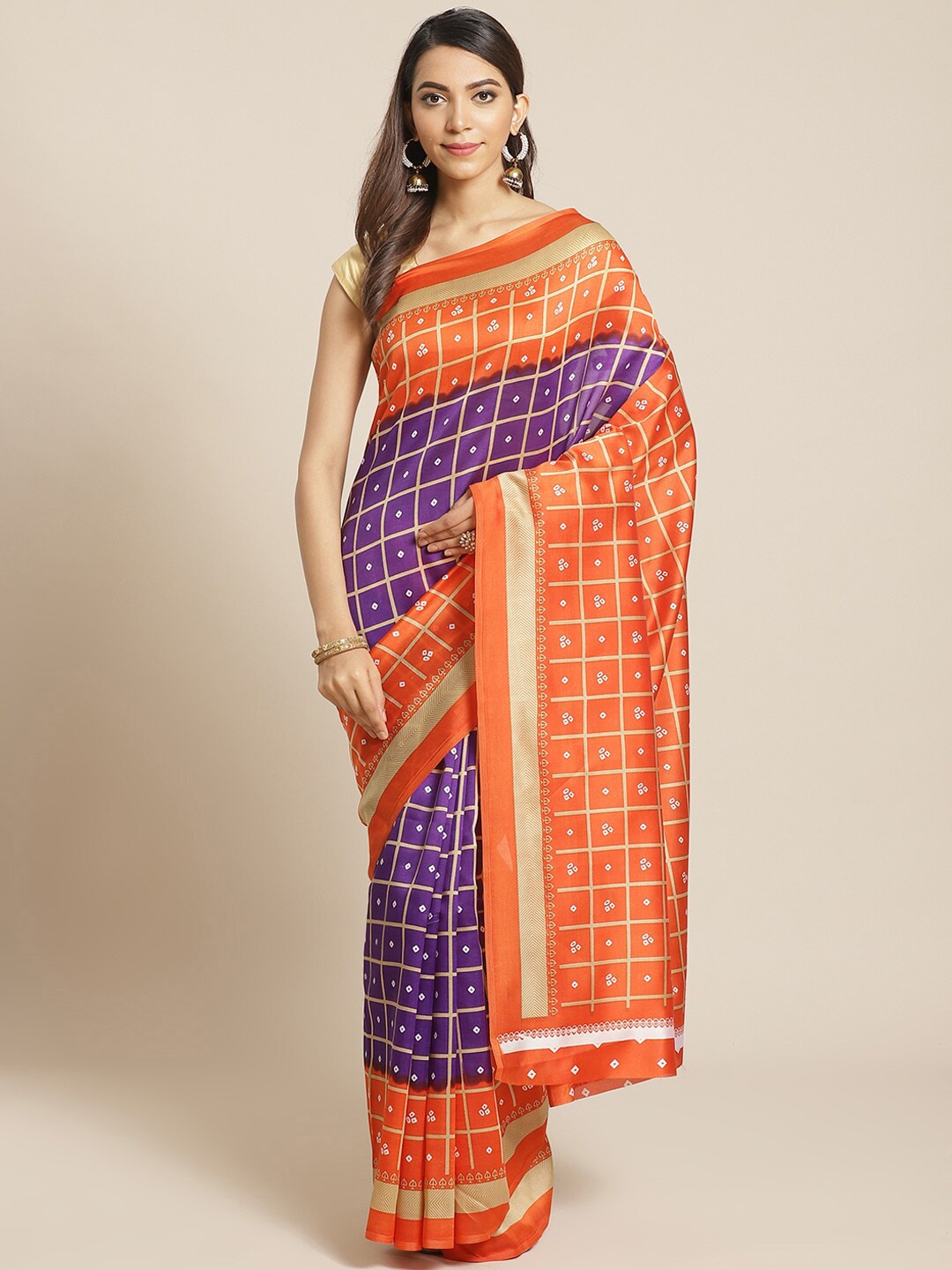 

KALINI Orange & Violet Bandhani Art Silk Mysore Silk Saree