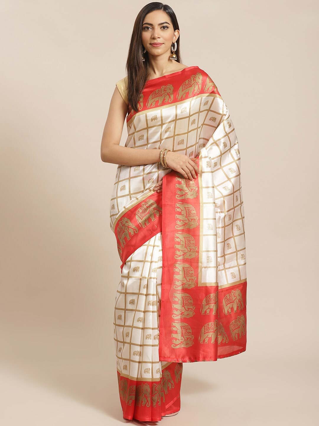 

KALINI White & Red Checked Mysore Silk Saree