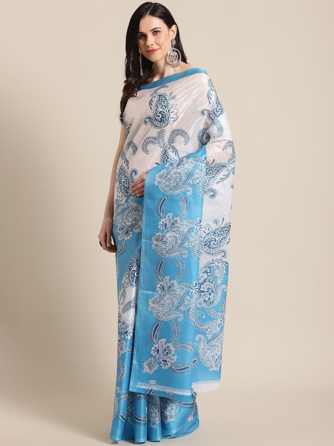 

KALINI Turquoise Blue & White Ethnic Motifs Art Silk Half and Half Saree