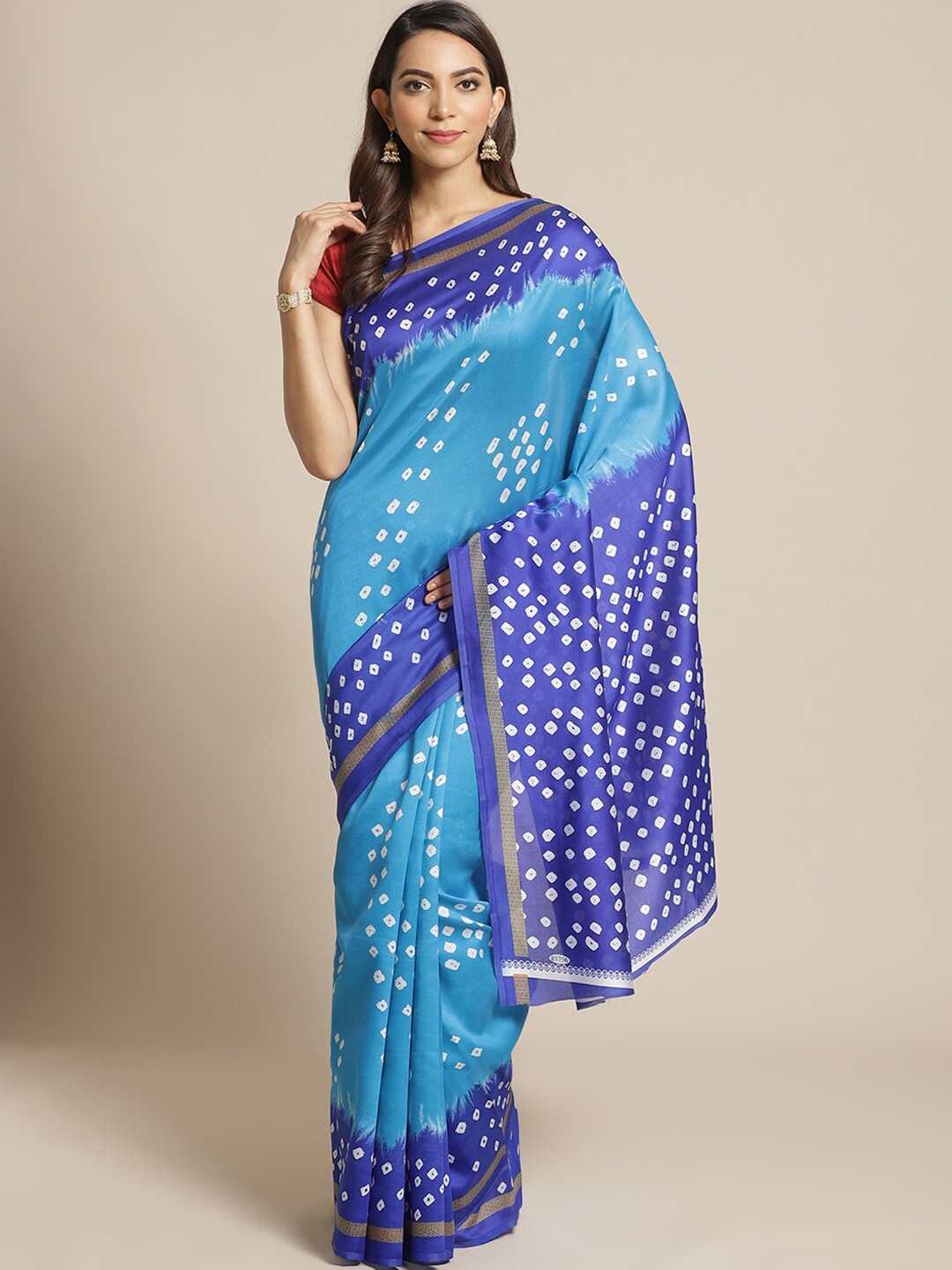 

KALINI Blue & White Bandhani Art Silk Mysore Silk Saree