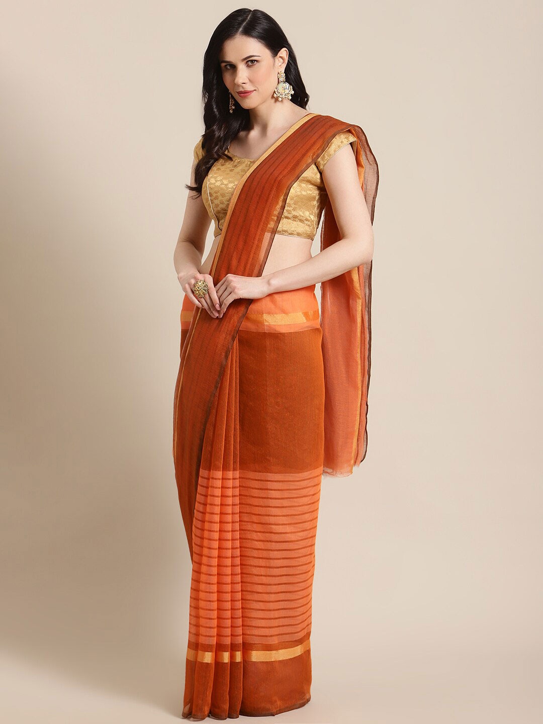 

KALINI Orange & Rust Brown Striped Pure Cotton Saree