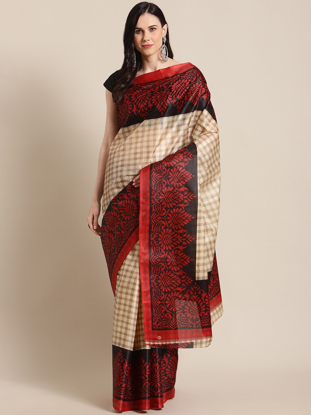 

KALINI Beige & Black Checked Art Silk Saree