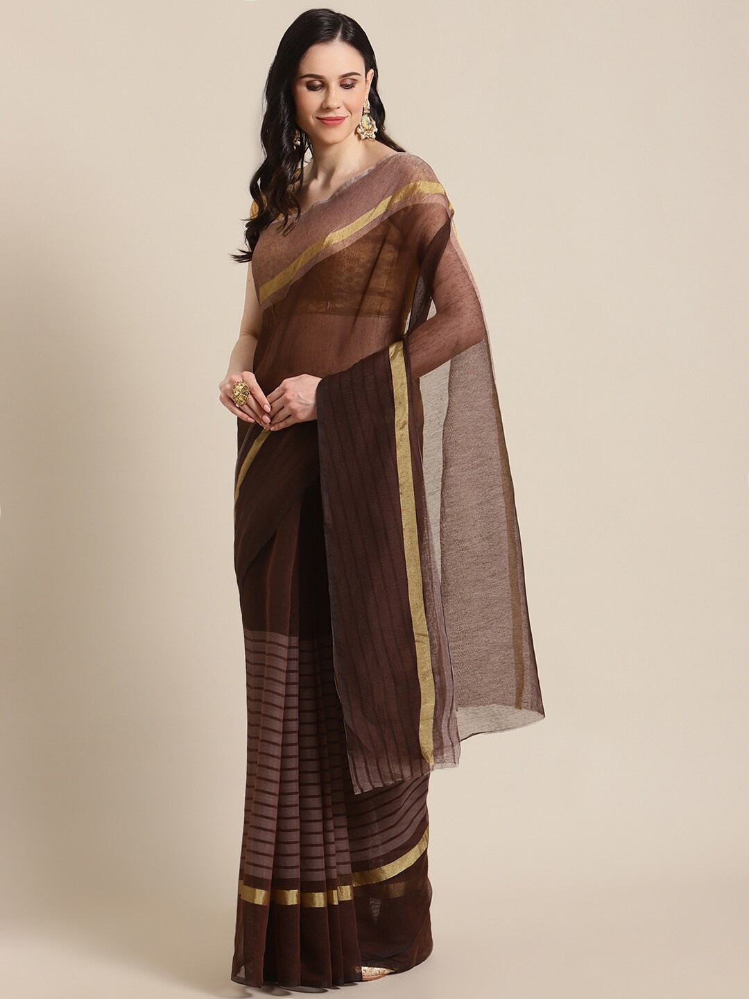 

KALINI Maroon & Gold-Toned Striped Pure Cotton Saree