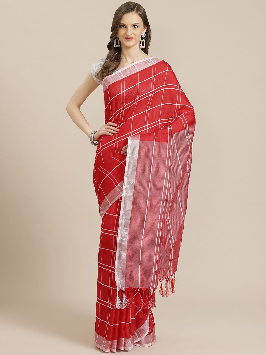 

KALINI Red Checked Pure Cotton Saree