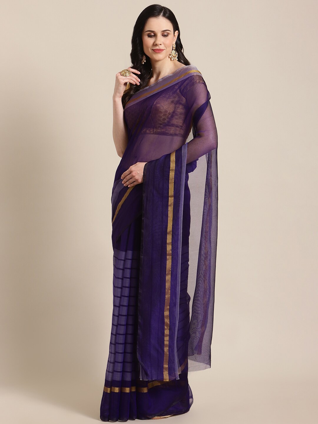 

KALINI Women Navy Blue & Violet Striped Pure Cotton Saree