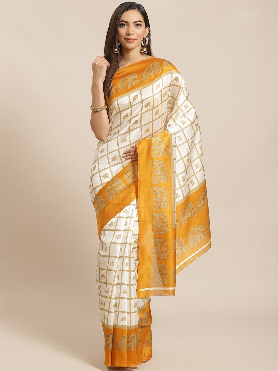 

KALINI White & Mustard Checked Art Silk Mysore Silk Saree