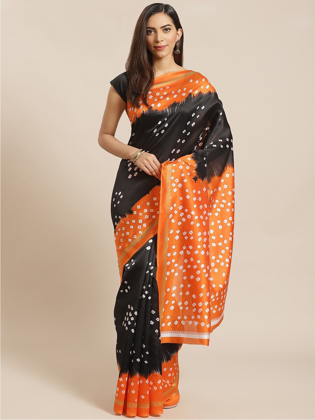 

KALINI Black & Orange Bandhani Art Silk Bandhani Saree
