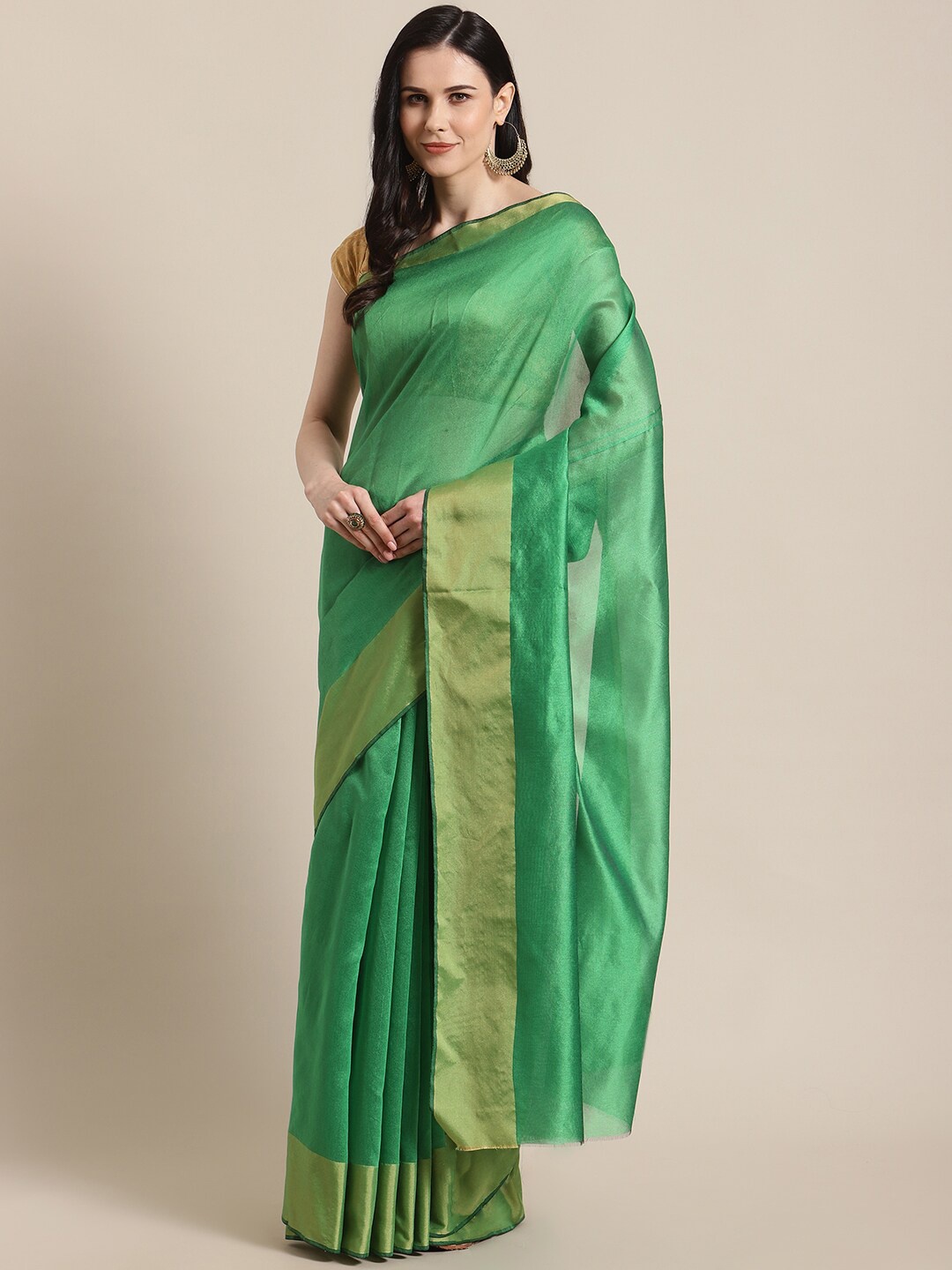 

KALINI Green & Gold-Toned Solid Poly Silk Saree