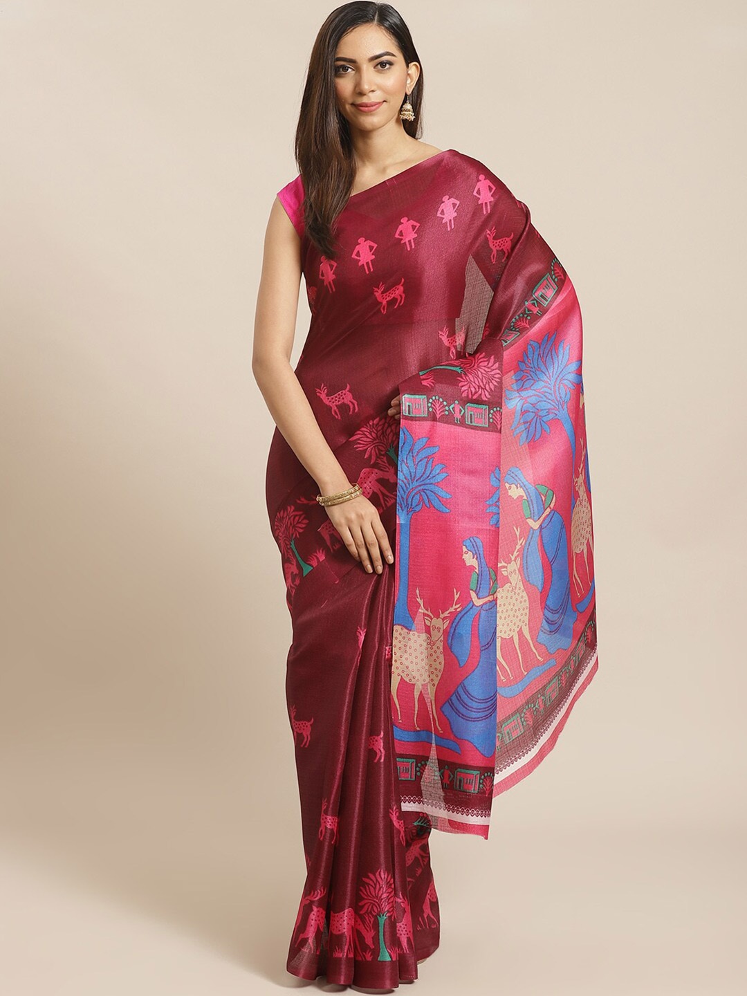 

KALINI Maroon & Blue Silk Cotton Khadi Saree