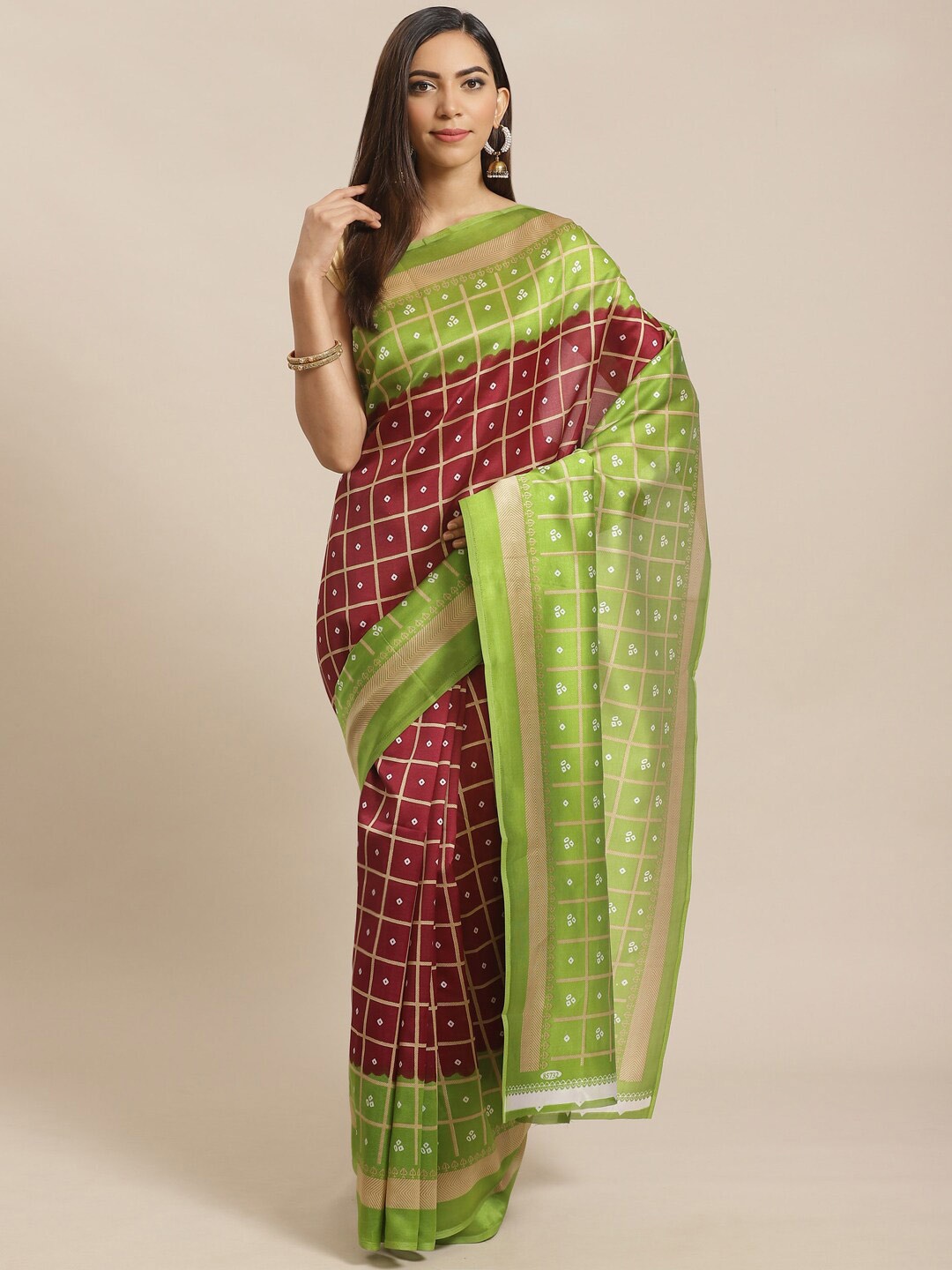 

KALINI Green & Maroon Bandhani Art Silk Mysore Silk Saree