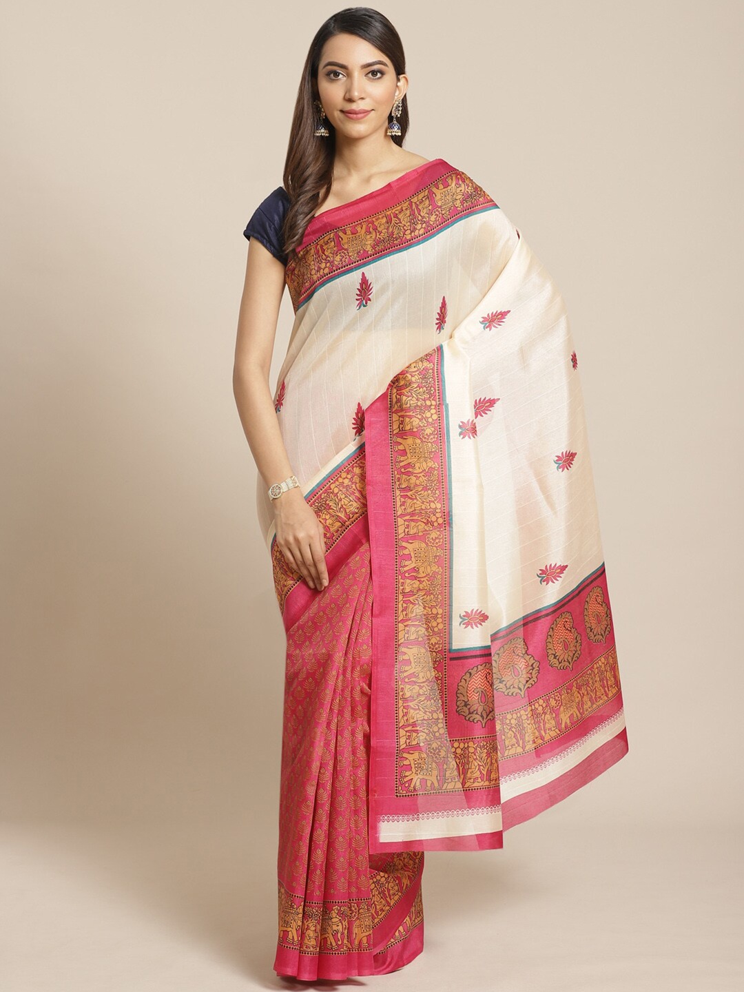 

KALINI White & Pink Ethnic Motifs Art Silk Mysore Silk Saree