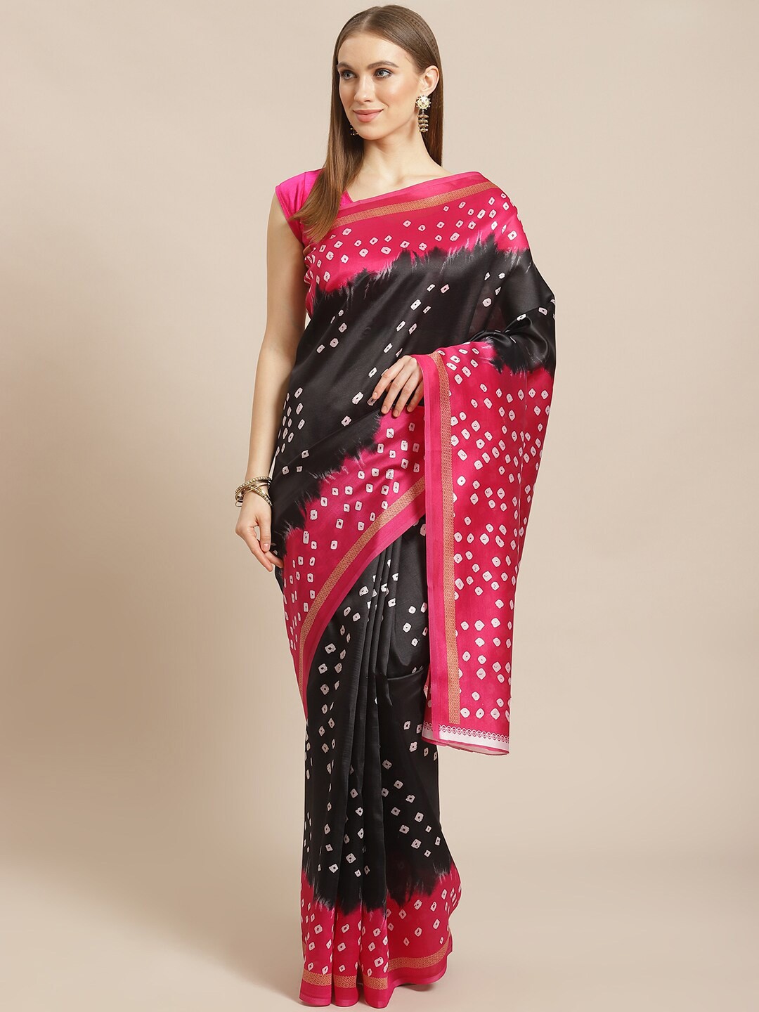 

KALINI Black & Red Bandhani Art Silk Mysore Silk Saree