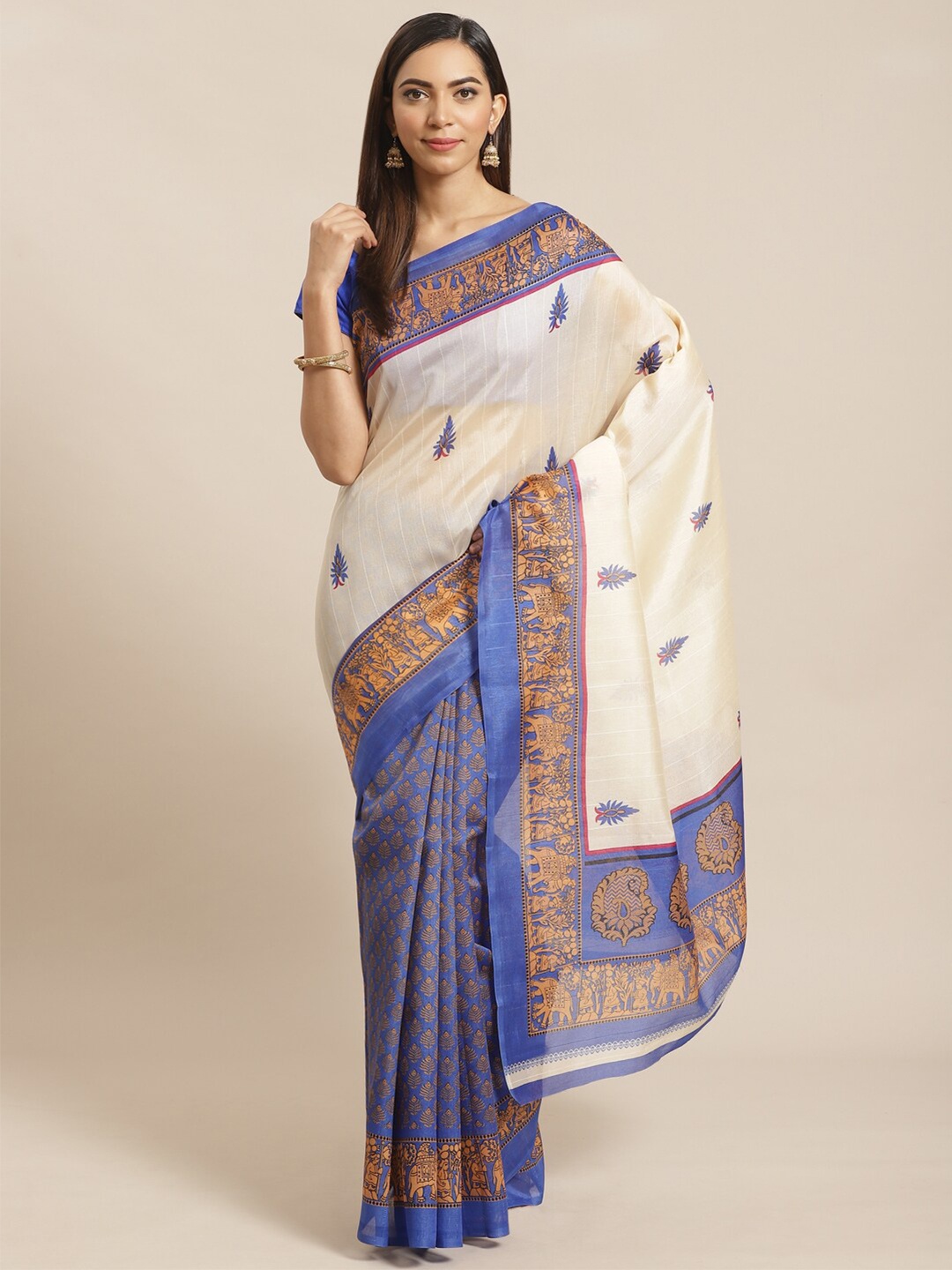 

KALINI Cream-Coloured & Blue Art Silk Mysore Silk Saree