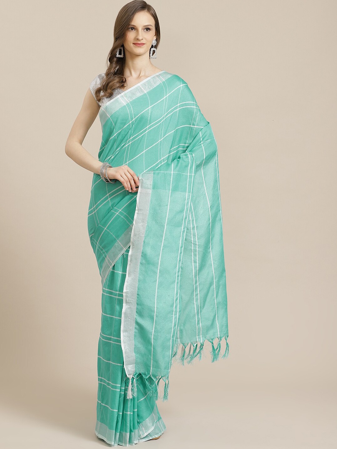 

KALINI Green & White Striped Pure Cotton Saree