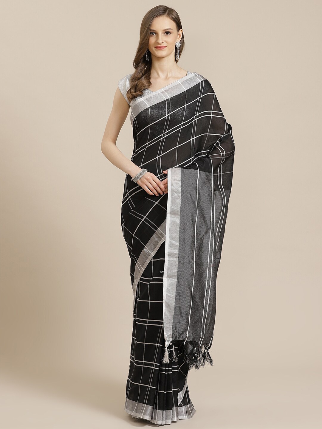 

KALINI Black & White Striped Pure Cotton Saree