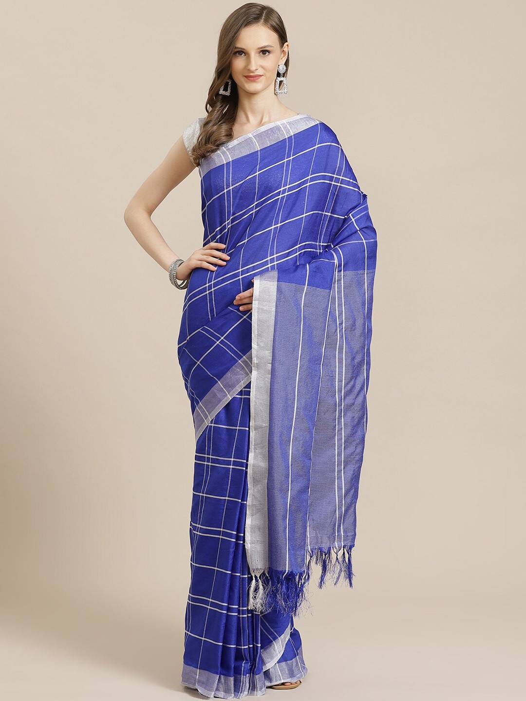 

KALINI Blue & White Checked Pure Cotton Saree