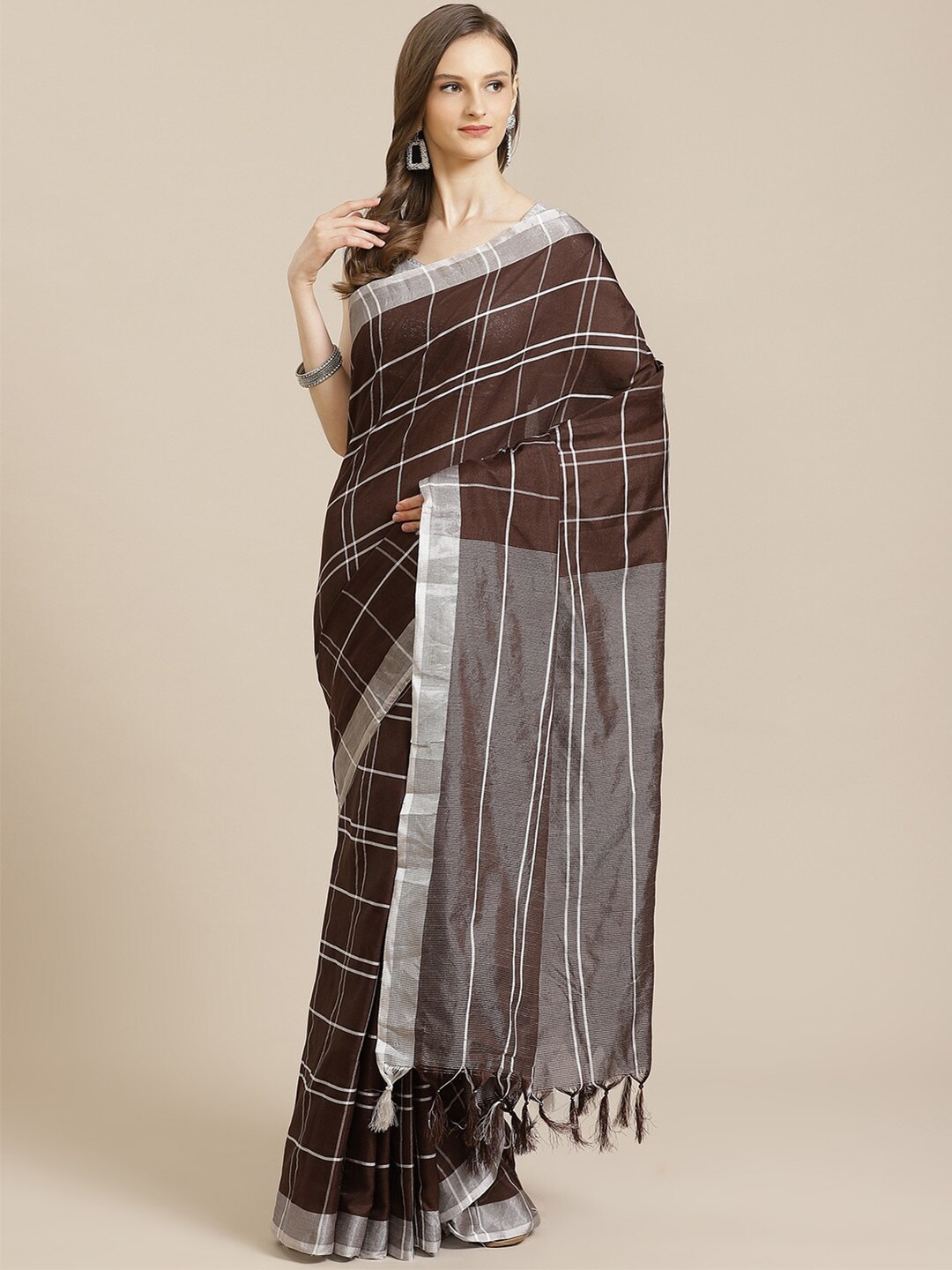 

KALINI Brown & Silver-Toned Striped Pure Cotton Saree