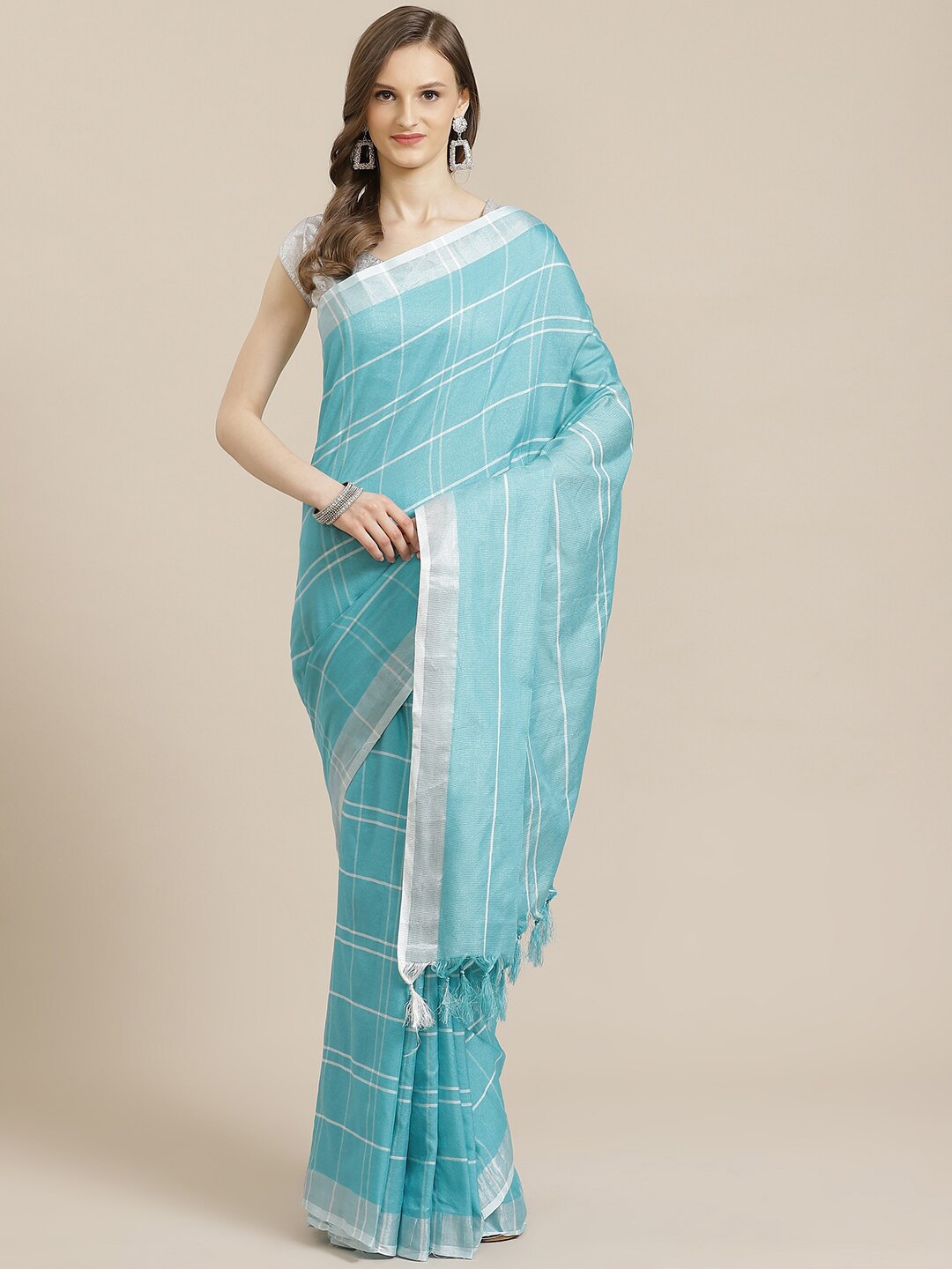 

KALINI Turquoise Blue & White Checked Pure Cotton Saree