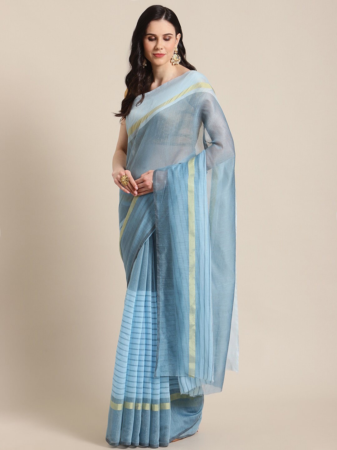 

KALINI Turquoise Blue & Gold-Toned Pure Cotton Saree
