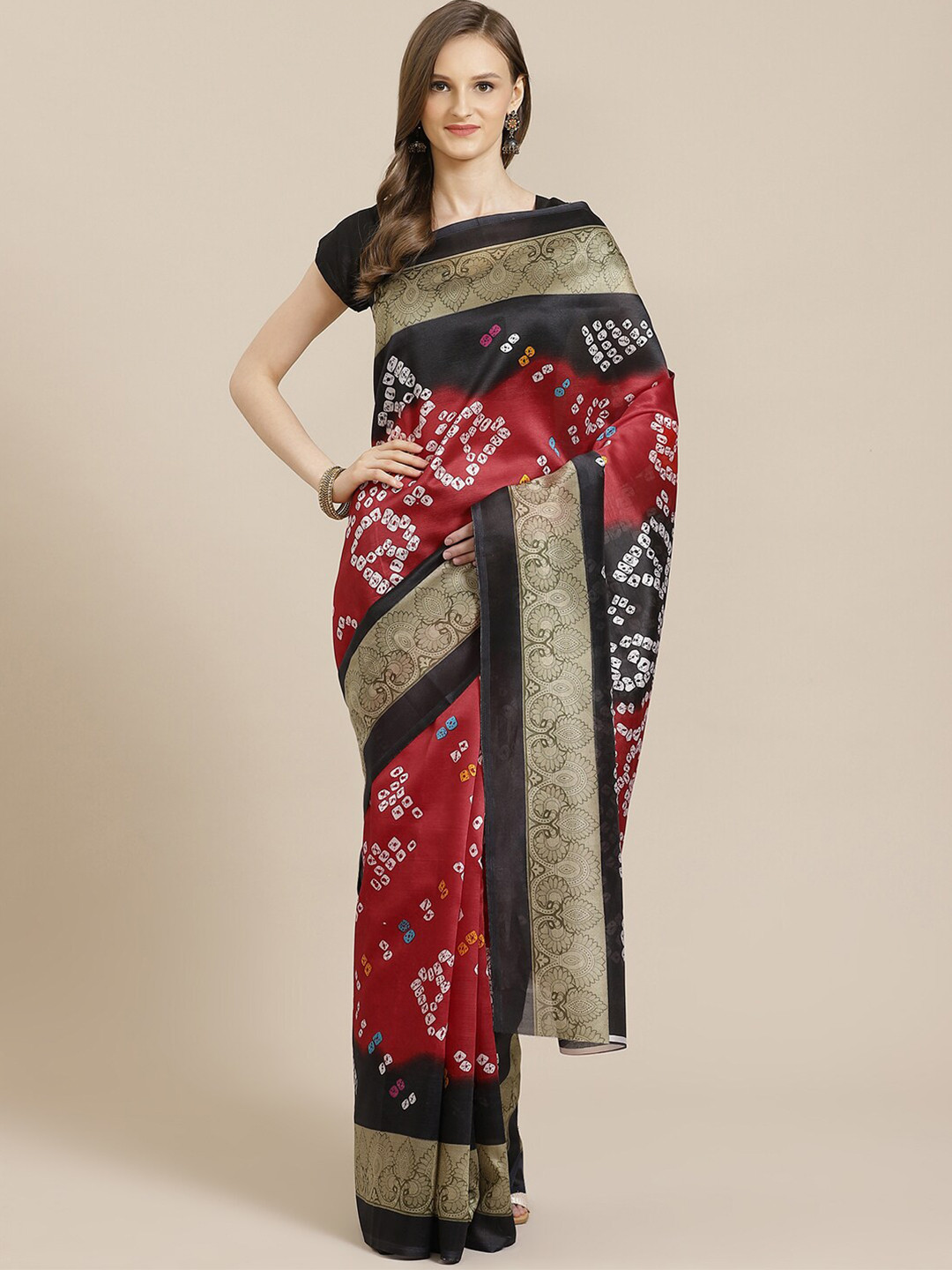 

KALINI Red & Black Bandhani Art Silk Mysore Silk Saree