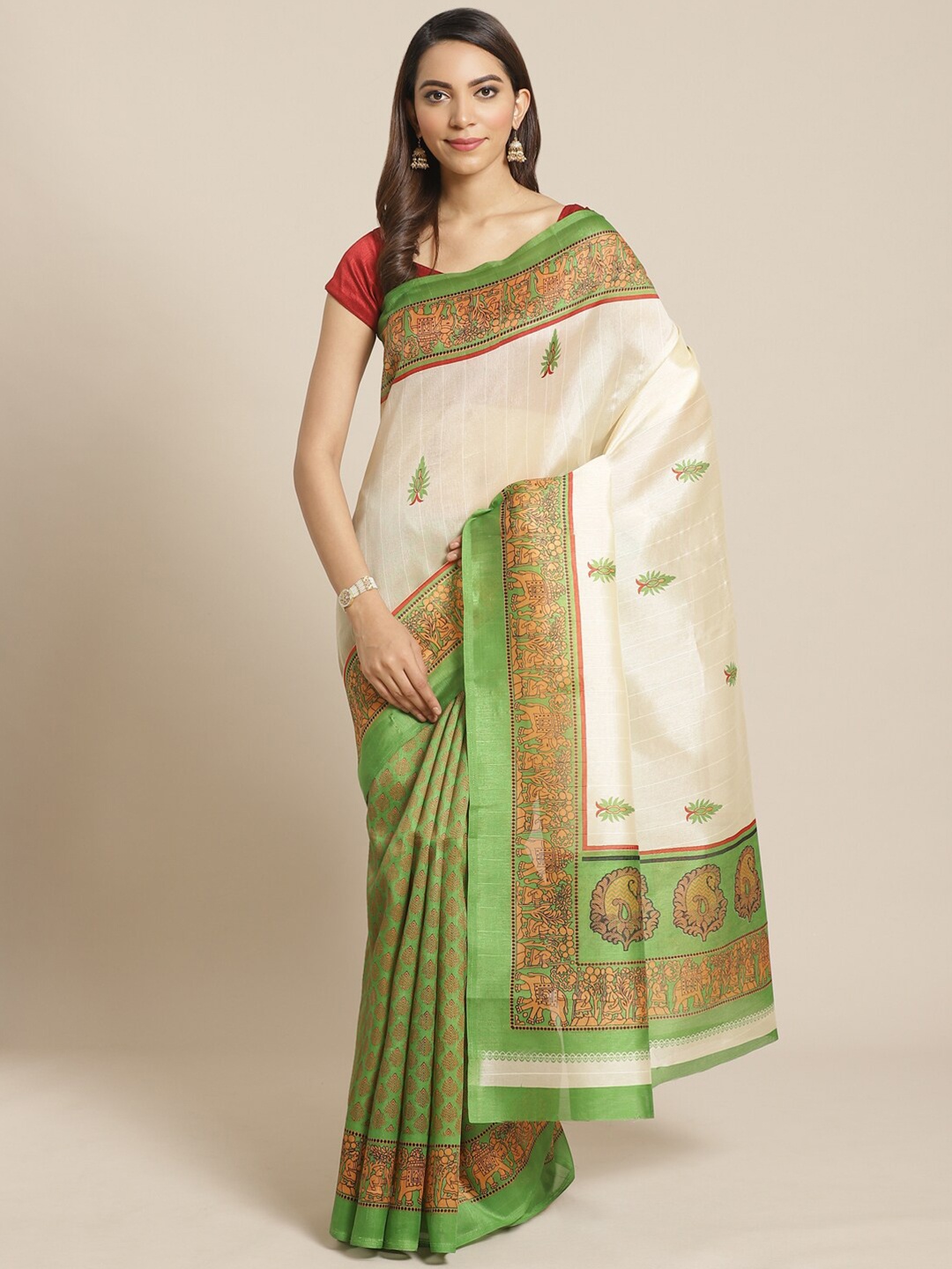 

KALINI Cream-Coloured & Green Ethnic Motifs Silk Cotton Saree