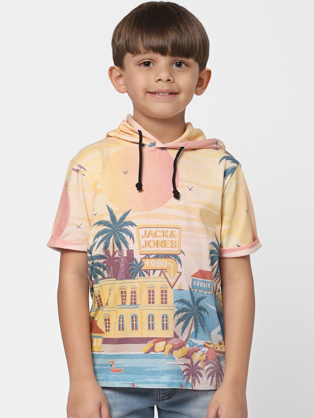 

Jack & Jones Boys Yellow & Blue Printed Hooded T-shirt