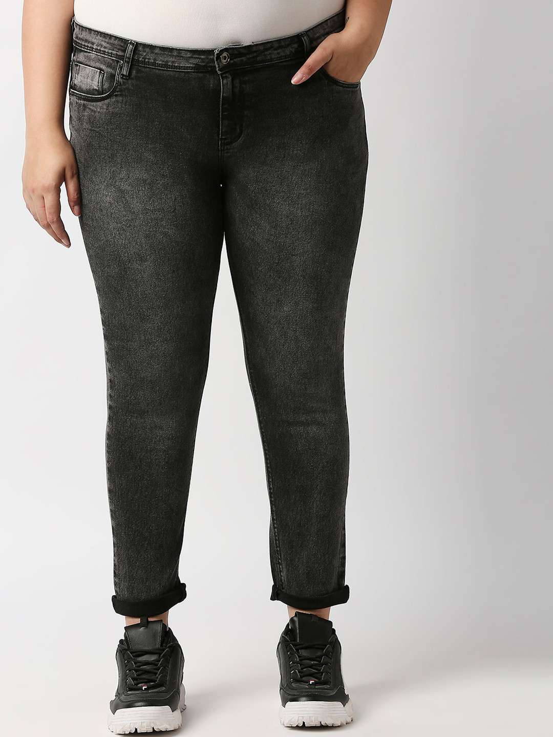 

Freeform by High Star Women Plus Size Charcoal Grey Slim Fit Heavy Fade Acid Wash Stretchable Jeans
