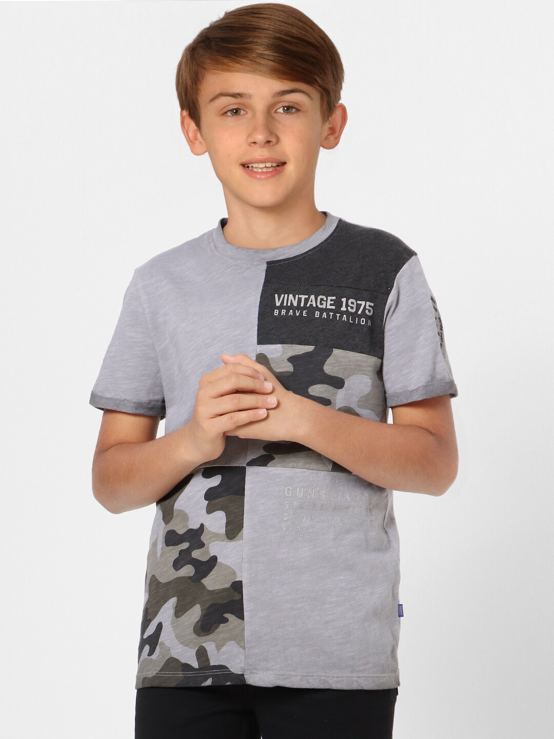 

Jack & Jones Boys Grey Printed Cotton T-shirt