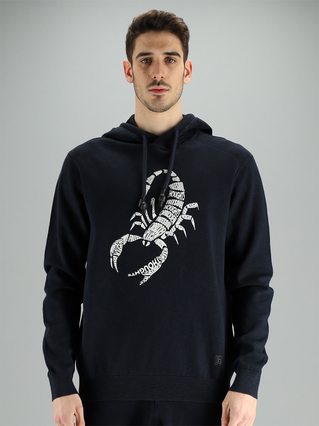 

FREESOUL Men Black & White Printed Hooded Sweatshirt