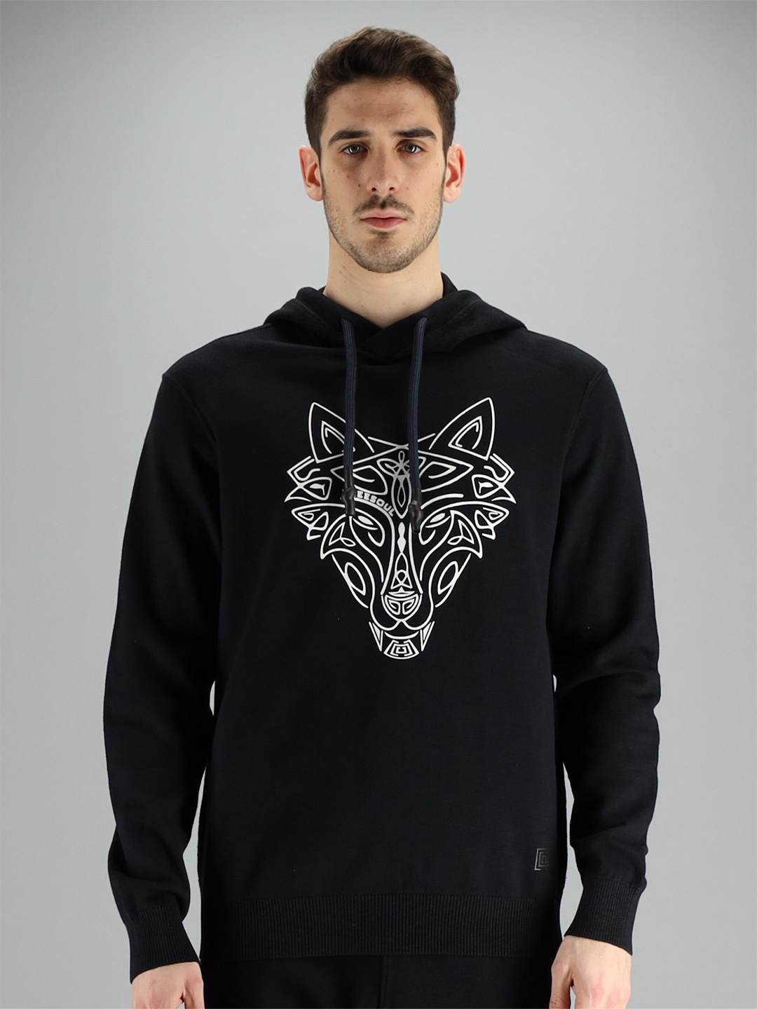

FREESOUL Men Charcoal Grey & White Printed Hooded Sweatshirt