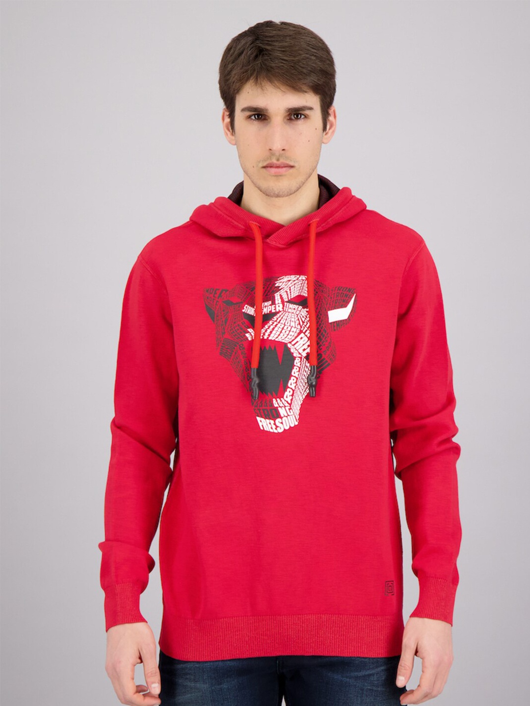 

FREESOUL Men Red Printed Hooded Sweatshirt