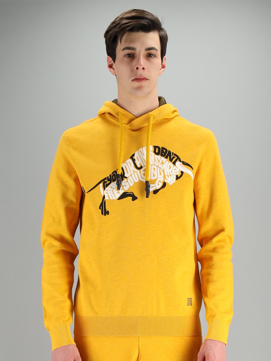 

FREESOUL Men Yellow Printed Hooded Sweatshirt