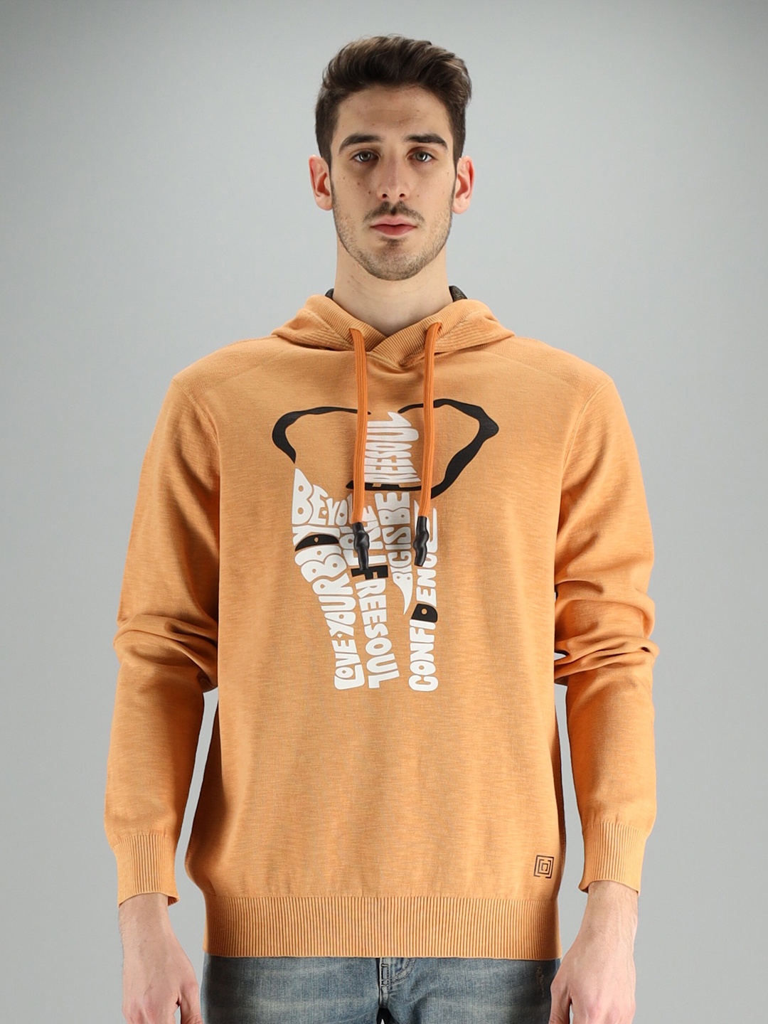 

FREESOUL Men Orange Printed Hooded Sweatshirt