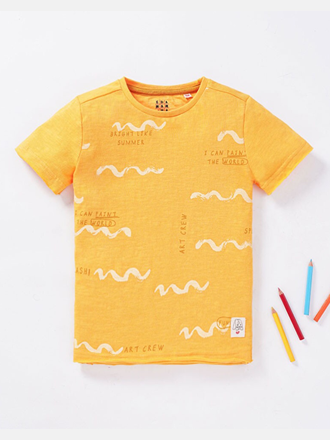

Ed-a-Mamma Boys Mustard Yellow Printed Cotton T-shirt