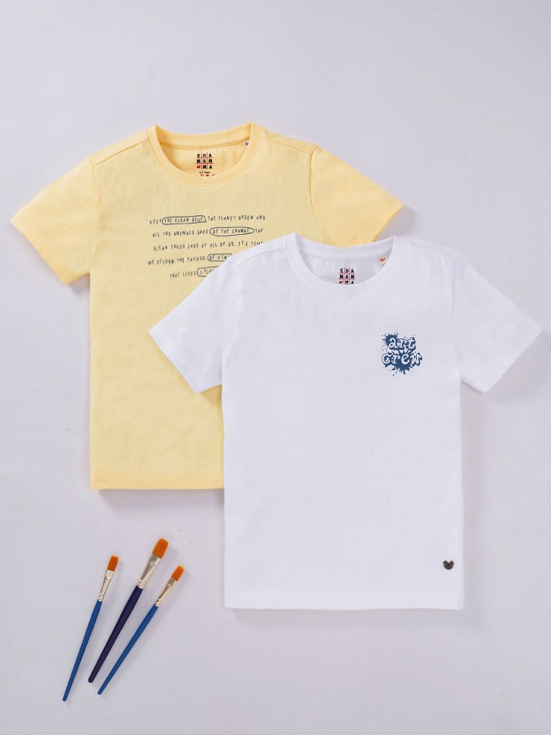 

Ed-a-Mamma Boys White & Yellow Typography Set Of 2 Printed Pure Cotton T-shirt
