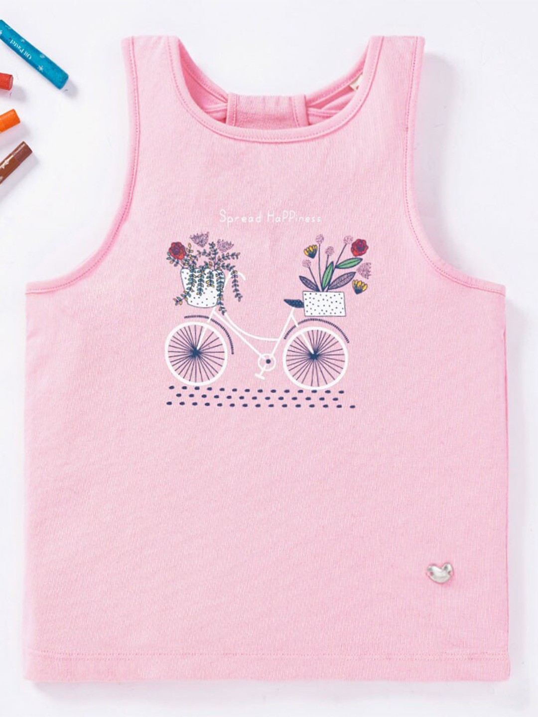 

Ed-a-Mamma Girls Pink & White Print Pure Cotton Tank Top