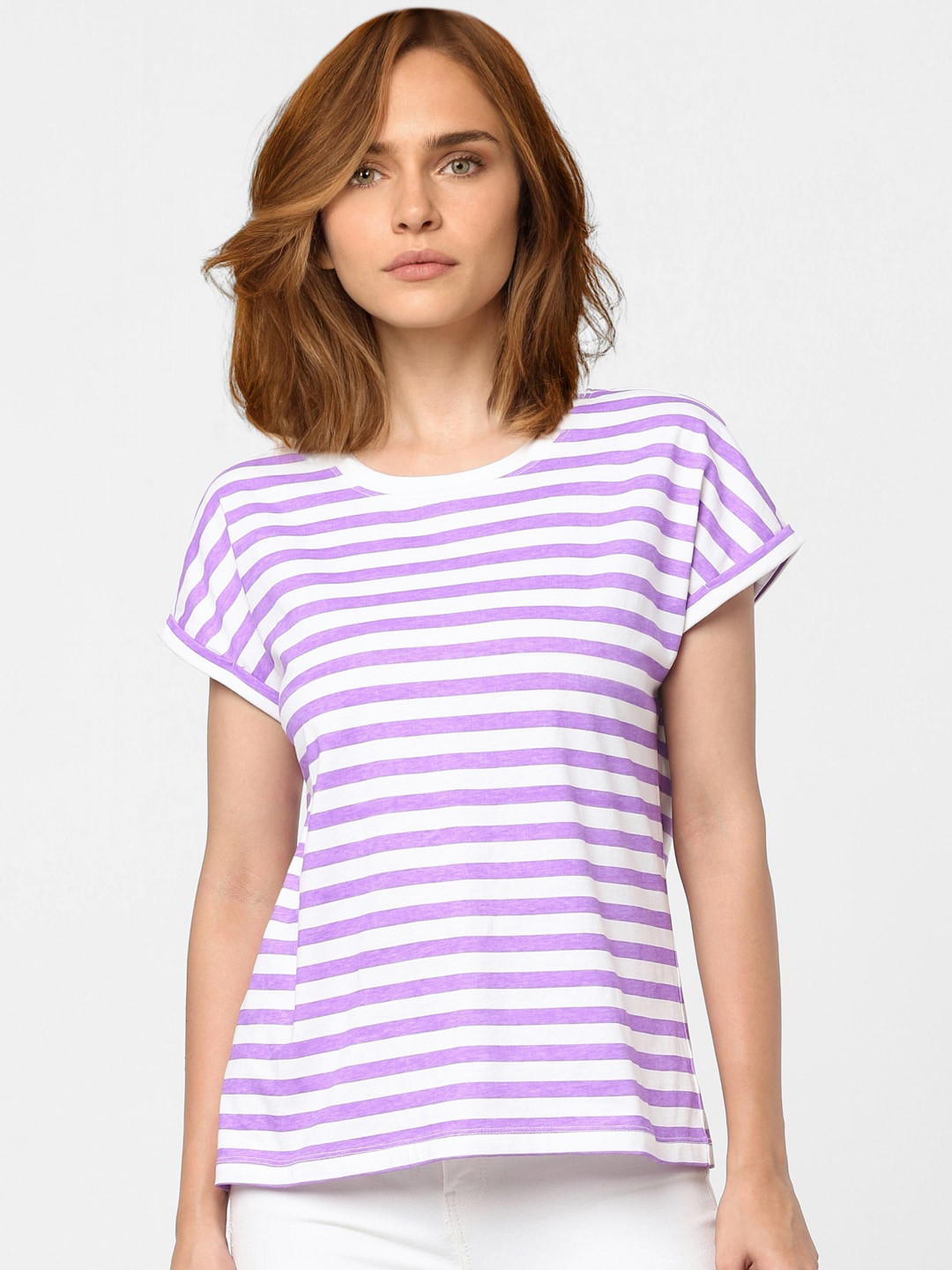 

Vero Moda Women Purple & White Striped Extended Sleeves T-shirt