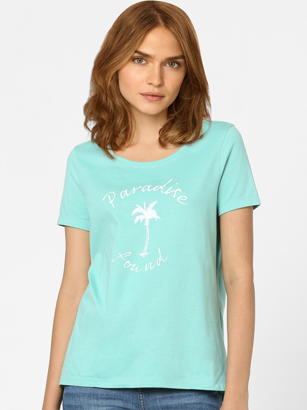 

Vero Moda Women Sea Green Typography Printed Cotton T-shirt