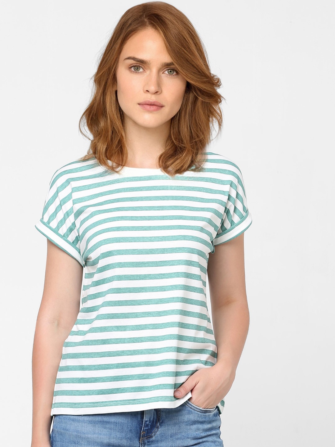 

Vero Moda Women Blue & White Striped Extended Sleeves Cotton T-shirt