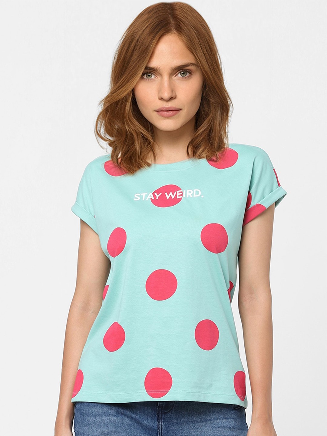 

Vero Moda Women Green & Red Printed Extended Sleeves T-shirt