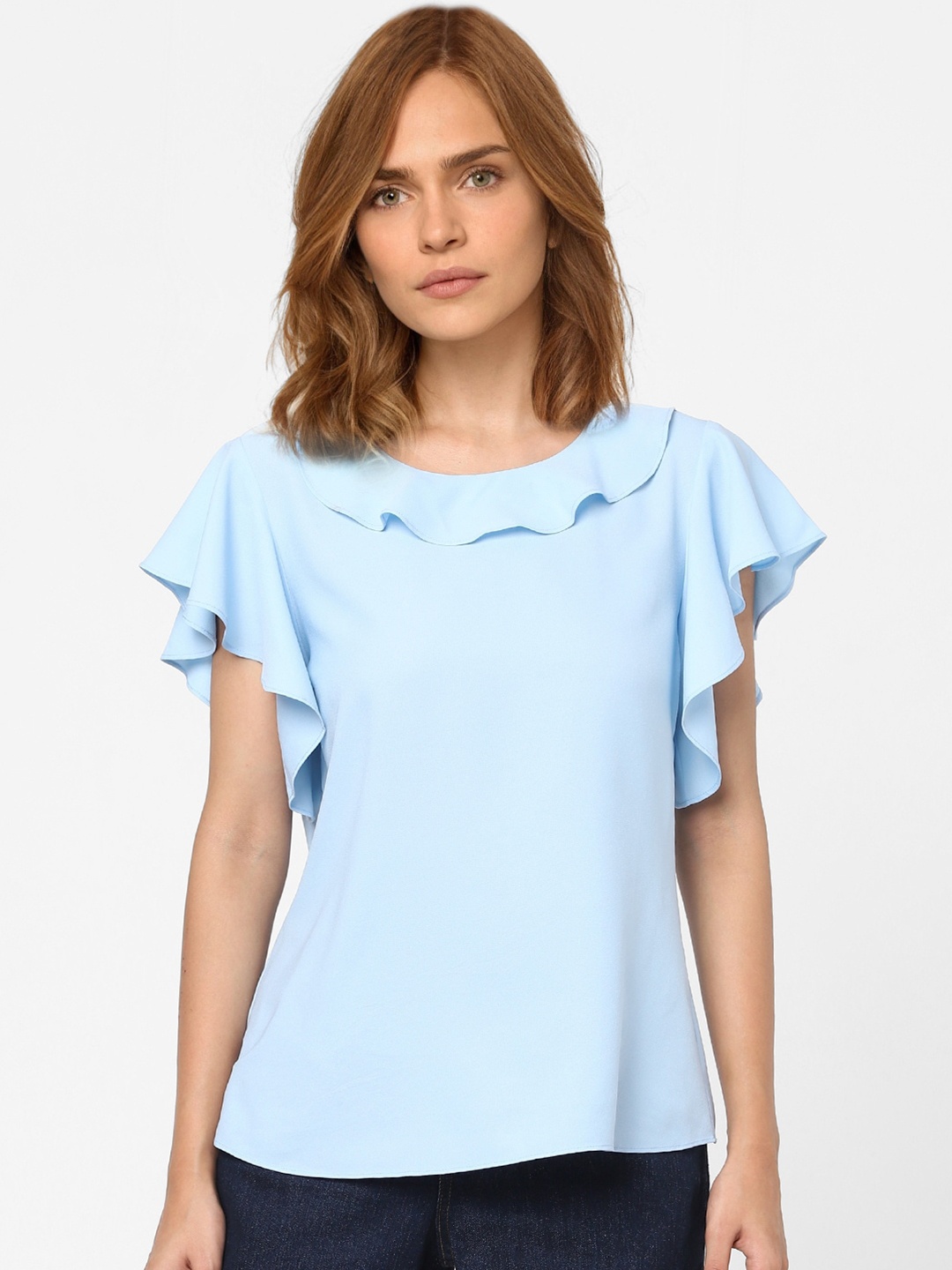 

Vero Moda Blue Solid Ruffled Flutter Sleeves Top