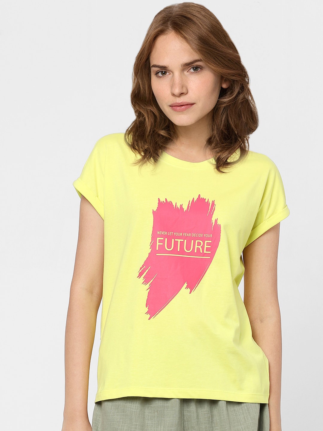 

Vero Moda Women Yellow Typography Printed T-shirt